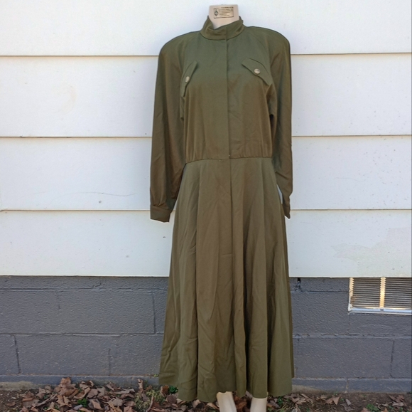 Vintage Military Green Wool Dress - Picture 7 of 10